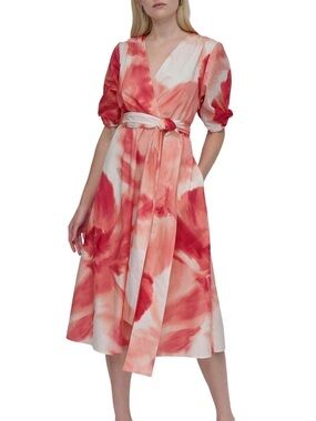 DKNY Coral and Pink Watercolor Wrap Midi Dress NWT Size 8P
